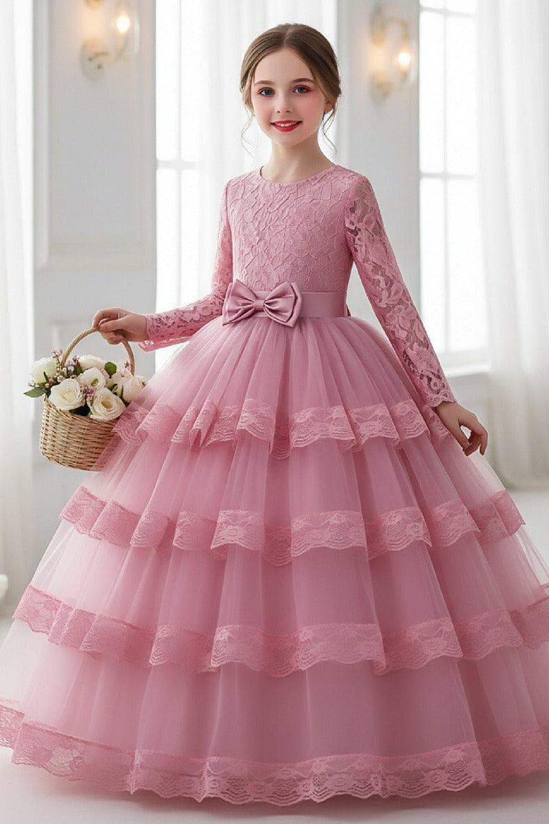 A-Line Long Sleeve Illusion Neck Tiered Lace Tulle Floor Length Flower Girl Dresses 1050524780369 - 7 Days / Dusty Rose / 120cm - COCOMELODY
